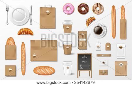 Mockup For Bakery Shop, Cafe, Restaurant Brand Identity. Realistic Bakery Package Mockup Cup, Pack, 
