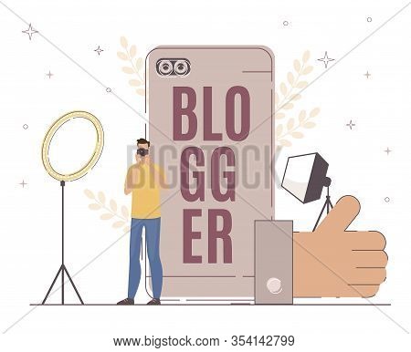 Blogger Work With Lighting Fixture For Good Result. Man Looking At Camera. Large Thumb Up Sign. Main