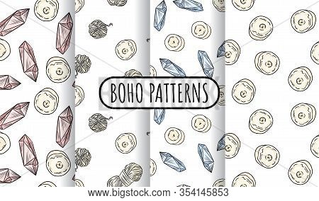 Boho Set Of Seamless Patterns. Candles, Quartz Crystals, Yarn Threads Wallpaper Collection. Cozy Tem