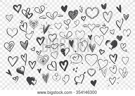 Doodle Hearts Set. Collection Of Scattered Romantic Hearts. Valentines Day. Symbol Of Love. Pattern 