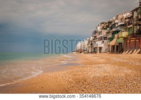 9 October 2019, Kacha, Sevastopol, Russia. Abandoned Slums At The Seashore. Empty Sea Beach