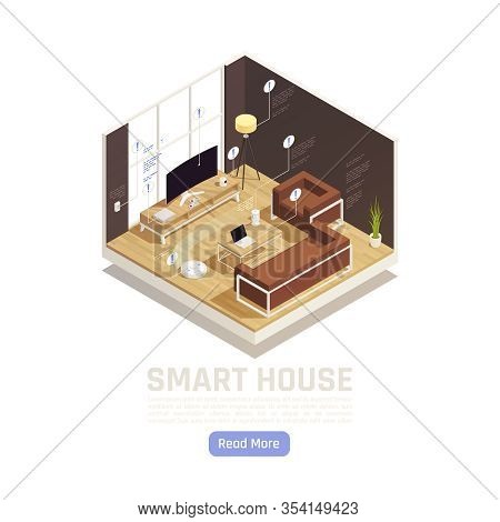 Internet Of Things Isometric Interior Of Smart Room With Router Smart Tv Home Speaker Assistant Floo