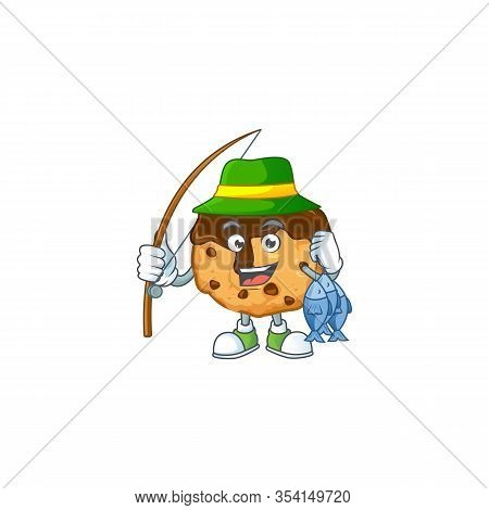 A Mascot Design Of Fishing Chocolate Chips With Cream With 3 Fishes