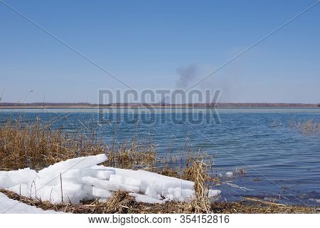 Spring Landscape With A Lake Overgrown With Reeds Near The Coast Covered By White Snow And A Clear S