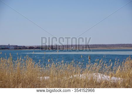 Spring Landscape With A Lake Overgrown With Reeds Near The Coast And A Clear Sky. The Surface Of The