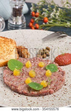 Beef Tartare With Mushroom Caviar And Red Pepper Mousse