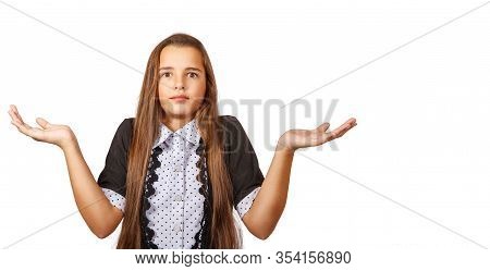 Surprised Teen Girl Throwing Up Her Hands In Bewilderment Closeup Isolated On White