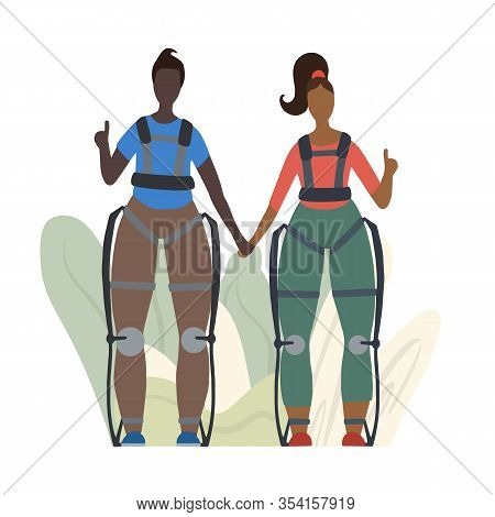 Pair Of Happy Healthy African People In Exosuits On Abstract Leaves. Innovation In Medicine. Exoskel