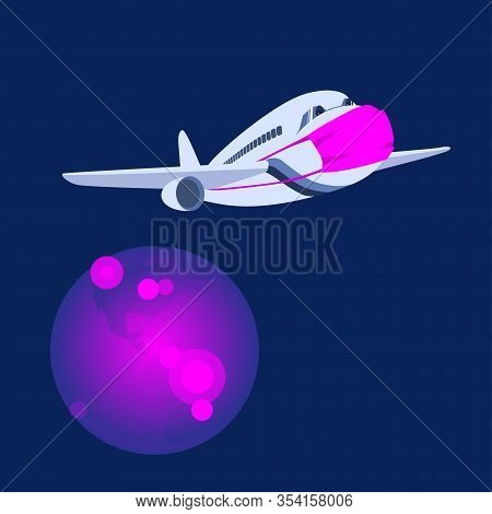 Coronavirus Epidemic Outbreak Concept On Earth. A Plane In A Protective Mask In The Sky Over A Plane