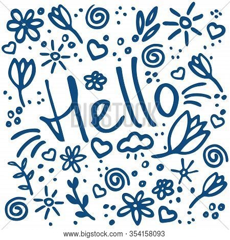 Card With Text Hello And Doodle Elements Flowers, Sun, Hearts. Hand Drawn Graphic. Classic Blue Colo