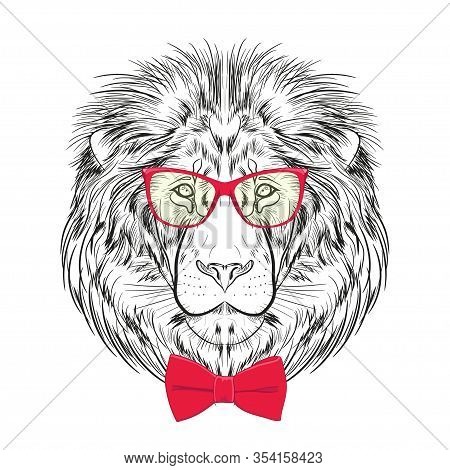 The Head Of A Lion With Glasses And A Bow-tie. Drawing Of The Face Of A Lion. Vector Drawing.