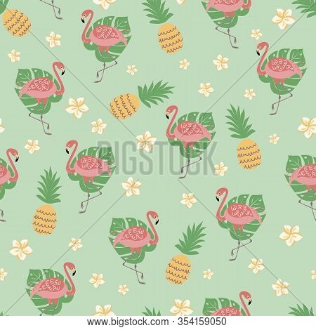 Flamingo Seamless Pattern Tropical Print Cute Pineapple Flowers On Green Mentol Background