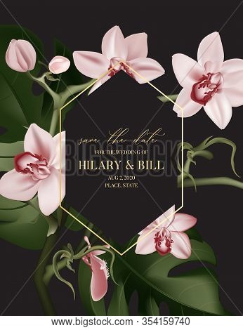 Dark Orchis Contrast Dynamic Art. Hand-drawn Realistic Plant, Modern Wedding Card With Gold Typograp