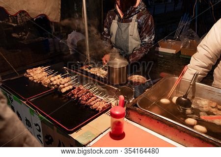 Tokyo, Japan - Jan 19, 2020: Shinobazunoike Bentendo Temple At Night Under The Light Of Lanterns.