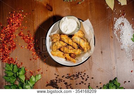 Spicy Deep Fried Breaded Chicken Wings With Sause.top View