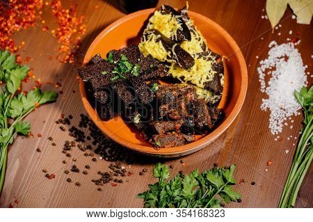 Rusks With Cheese, Leek, Sauce On A Wooden Old Table.top View