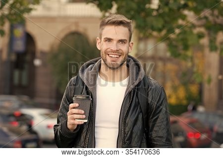 Happy Morning. Hipster Hold Paper Coffee Cup. Coffee Break. Drink It On Go. Man Smiling Cheerful Hip