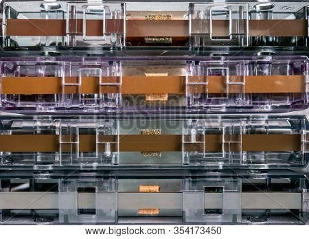 Old Vintage Cassette Tapes On White Background. Multiple Classic Cassette Tapes.