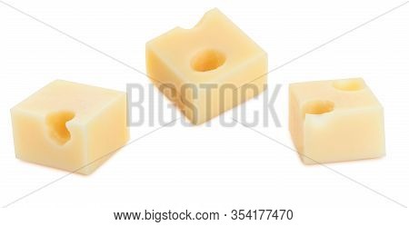 Portions (cubes, Dice) Of Emmental Swiss Cheese. Texture Of Holes And Alveoli. Isolated On White Bac