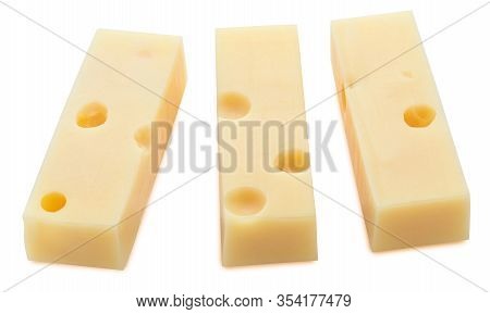 Portions (strips) Of Emmental Swiss Cheese. Texture Of Holes And Alveoli. Isolated On White Backgrou