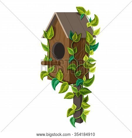 Beautiful Wooden Birdhouse With Green Leaves Isolated On White Background. Starling House In Cartoon