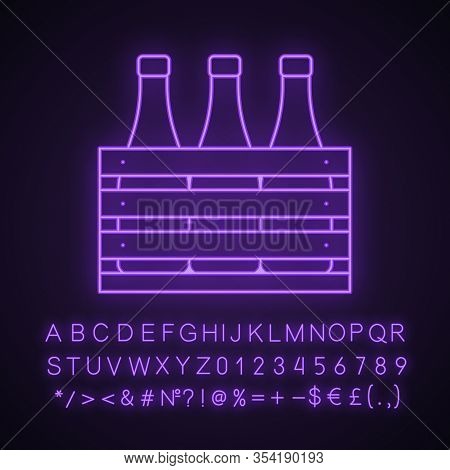 Beer Case Neon Light Icon. Wine Or Champagne Bottles In Wooden Crate. Milk Bottles In Wooden Box. Gl