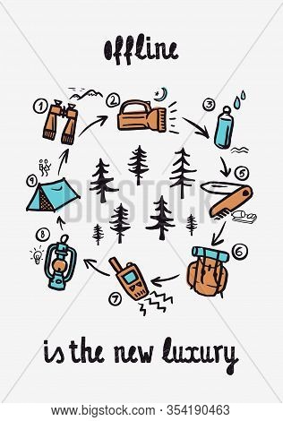 Offline Is The New Luxury - Lettering Inspiring Typography Poster With Text, Camping And Hiking Elem