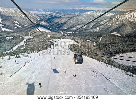 Demanovska Dolina, Slovakia - March 17: Cabin Of Ropeway Funitel In Resort Jasna At Low Tatras Mount