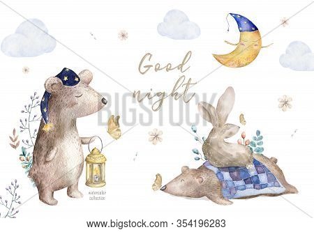Cutr Month With A Sleeping Bear. Hand Drawn Watercolor Illustration Isolated On White Background