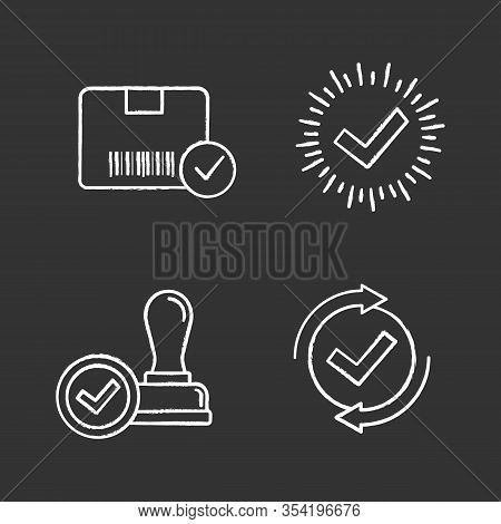 Approve Chalk Icons Set. Verification And Validation. Approved Delivery, Check Mark, Stamp Of Approv