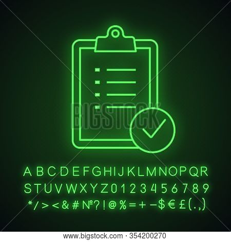 Task Planning Neon Light Icon. Checklist. Test, Exam. Glowing Sign With Alphabet, Numbers And Symbol