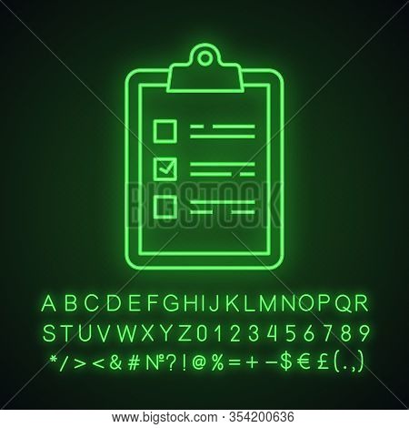 Task Planning Neon Light Icon. Checklist. To Do List. Glowing Sign With Alphabet, Numbers And Symbol