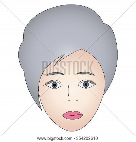 Color Vector Illustration Of A Girl Face With Gray Eyes. Full Face. Short Pixie Haircut. Platinum Bl