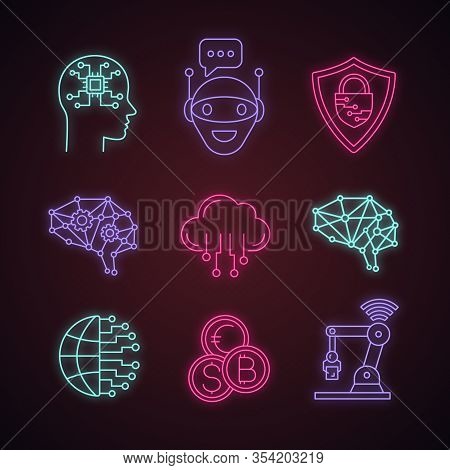 Artificial Intelligence Neon Light Icons Set. Ai. Chat Bot, Cybersecurity, Neurotechnology, Big Data
