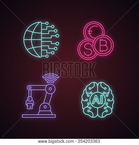 Artificial Intelligence Neon Light Icons Set. Neurotechnology. Ai. Big Data, Currency Exchange, Iot 