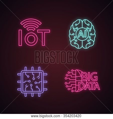 Artificial Intelligence Neon Light Icons Set. Neural Network. Neurotechnology. Internet Of Things, B