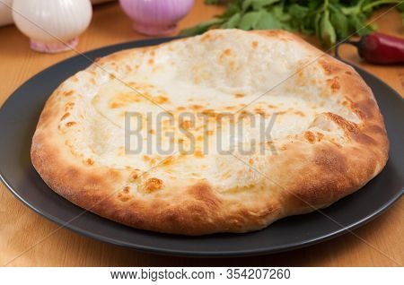 Khachapuri Megrelian Georgian Cuisine On A Dark Plate