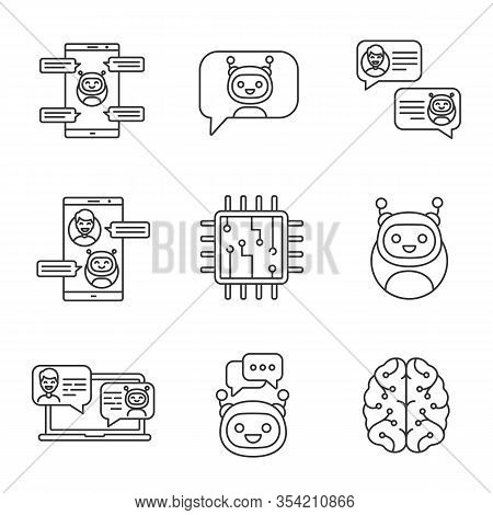 Chatbots Linear Icons Set. Thin Line Contour Symbols. Talkbot. Support Service, Chat, Messenger Bots