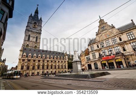 Ghent, Belgium, August 2019. View Of The Imposing Bell Tower Called Beffroi.