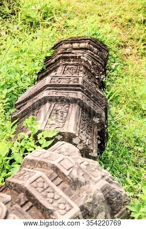 Fallen Pillar During Vietnam War In The Ruined Hindu Temples At My Son Sanctuary