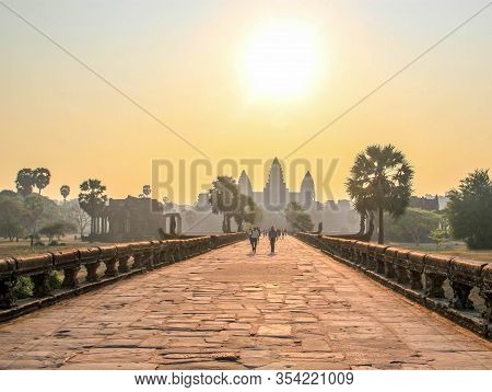 Famous And Touristic Cambodian Angkor Wat At Sunrise