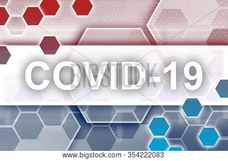 Netherlands Flag And Futuristic Digital Abstract Composition With Covid-19 Inscription. Coronavirus 