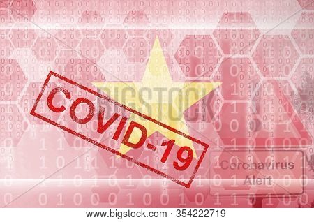 Vietnam Flag And Futuristic Digital Abstract Composition With Covid-19 Stamp. Coronavirus Outbreak C