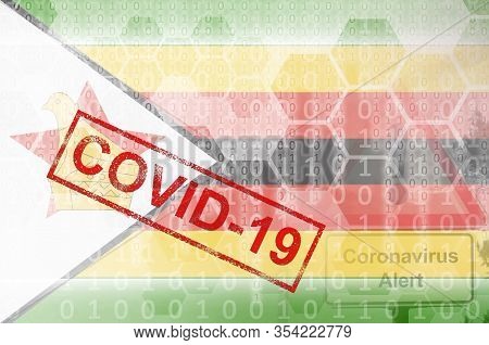 Zimbabwe Flag And Futuristic Digital Abstract Composition With Covid-19 Stamp. Coronavirus Outbreak 