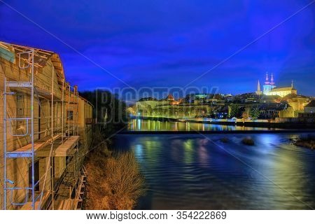 Kadan, Czech Republic - March 02, 2020: Night City Of Kadan By Ohre River