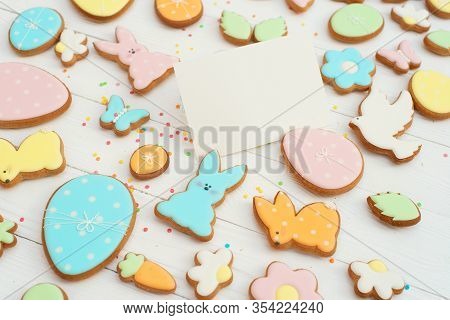 Easter Card With Gingerbread Cookies. Easter Card Template. Egg Shaped Cookies And Easter Bunny. Hap