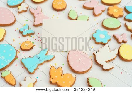 Easter Card With Gingerbread Cookies. Easter Card Template. Egg Shaped Cookies And Easter Bunny. Hap
