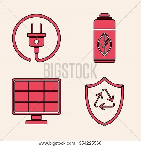 Set Recycle Symbol Inside Shield, Electric Plug, Recycling Plastic Bottle And Solar Energy Panel Ico