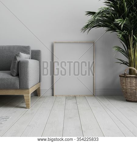 Blank Vertical Poster Frame Mock Up Standing On White Wooden Floor In Light Modern Minimalist Interi