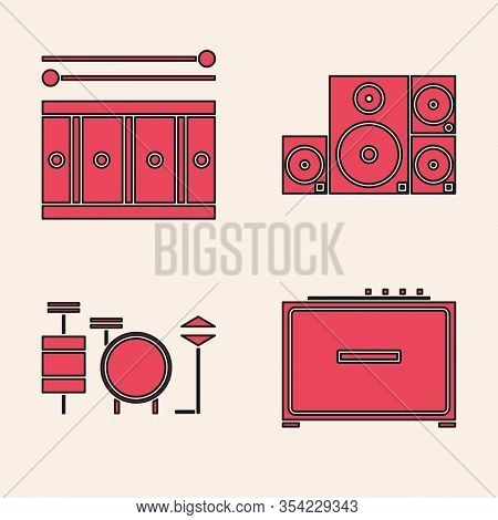 Set Guitar Amplifier, Drum With Drum Sticks, Stereo Speaker And Drums Icon. Vector